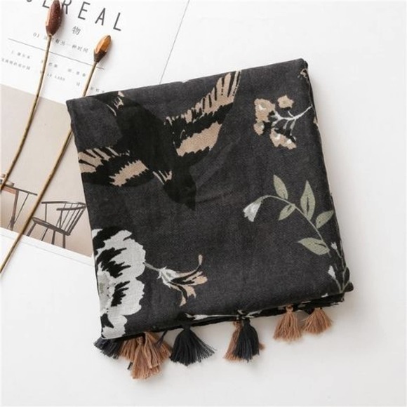 2/$30 NEW Floral Tasseled Scarf Black Long Rectangle Neutral Muted Minimalist - Picture 10 of 12